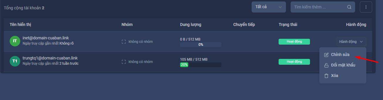 Hướng dẫn quản lý tài khoản trên trang quản trị OneMail