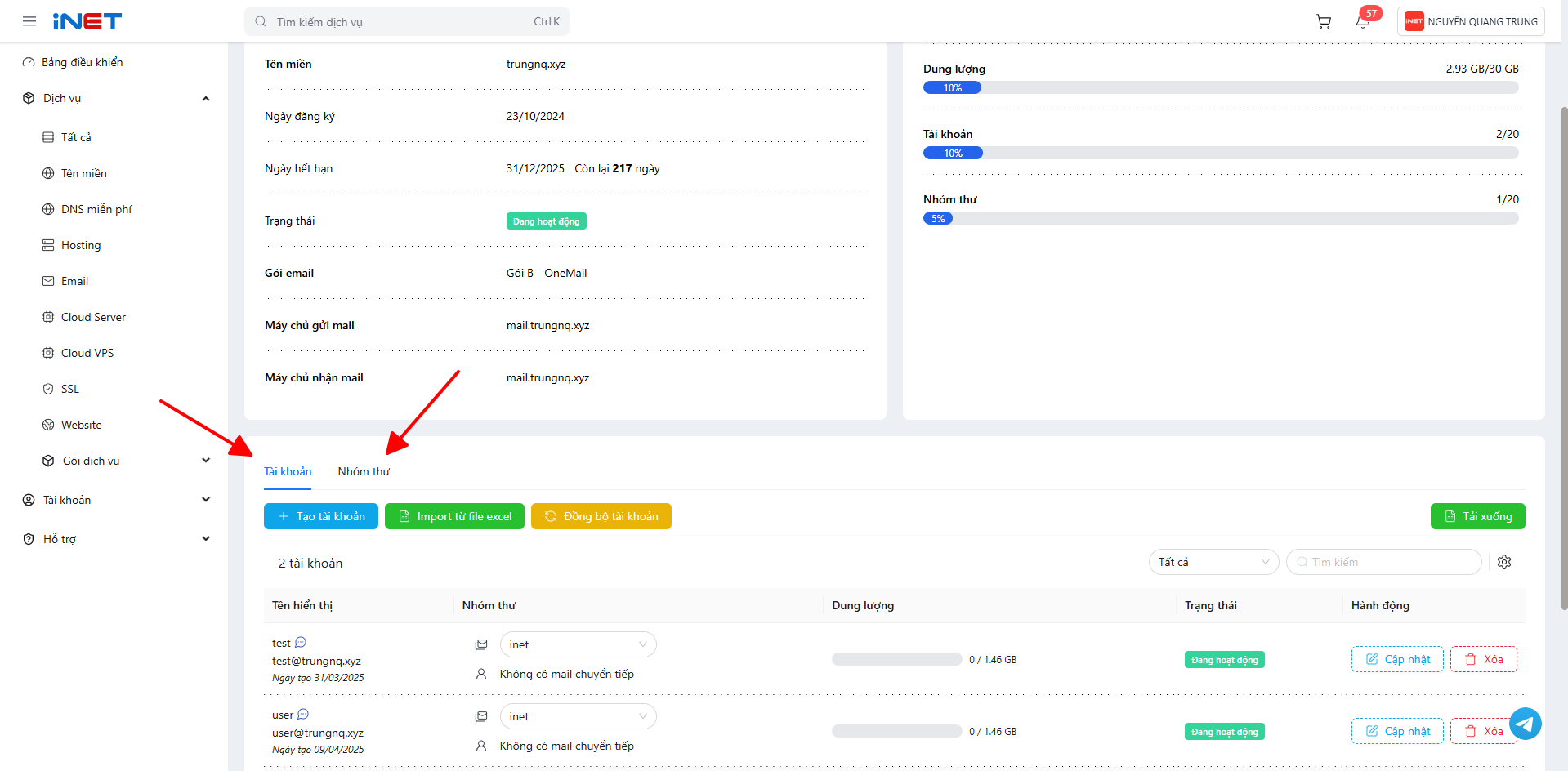 Hướng dẫn quản lý tài khoản trên trang quản trị OneMail