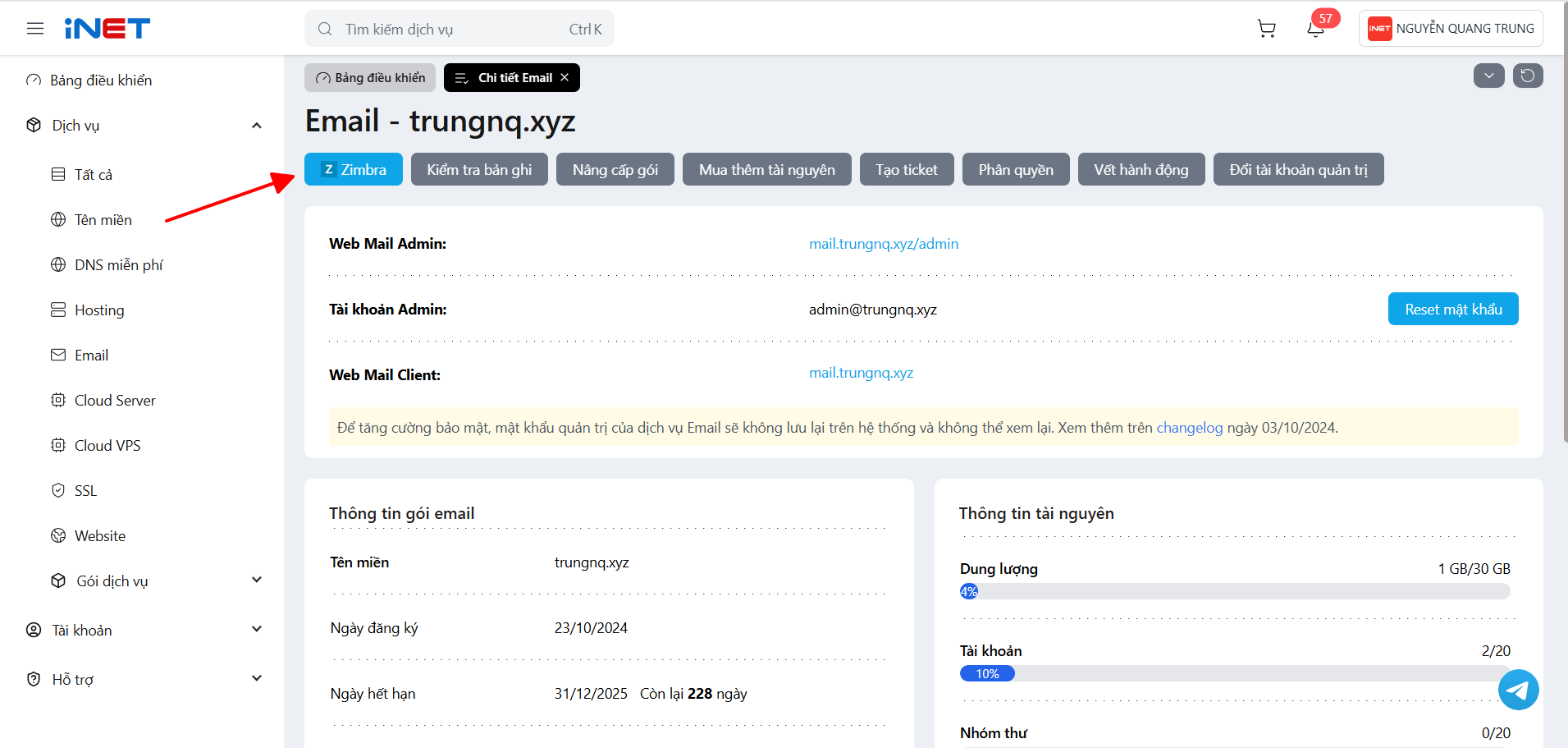 Hướng dẫn quản lý tài khoản trên trang quản trị OneMail