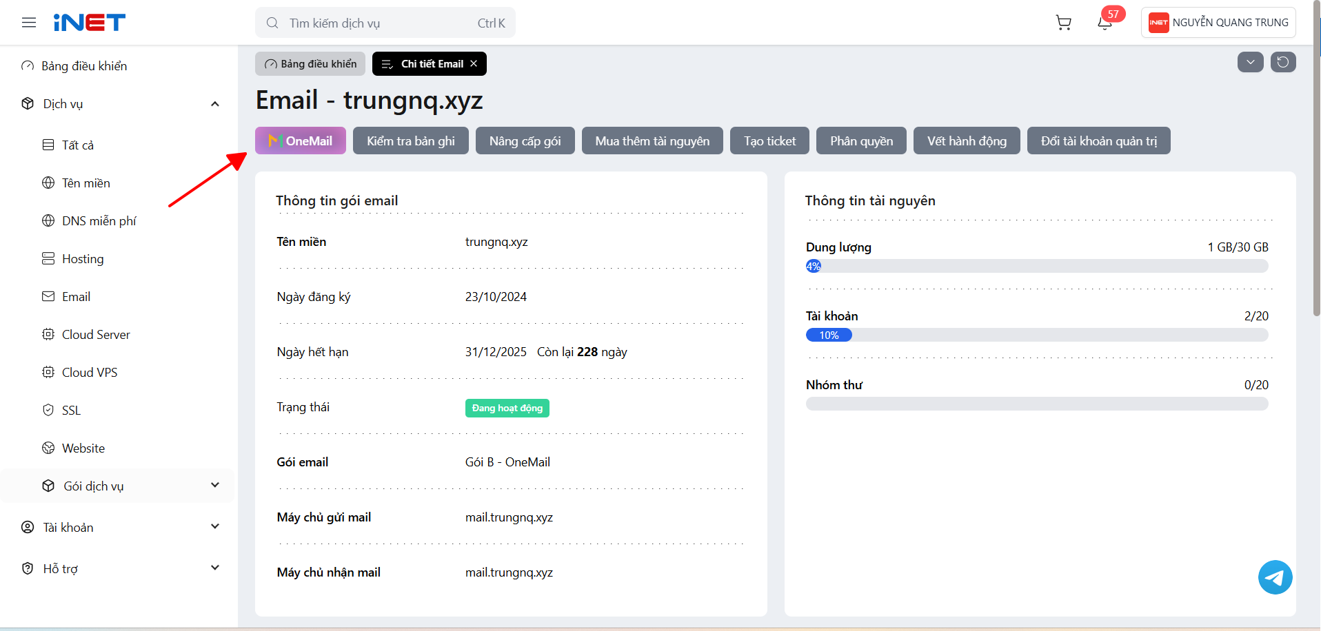 Hướng dẫn quản lý tài khoản trên trang quản trị OneMail