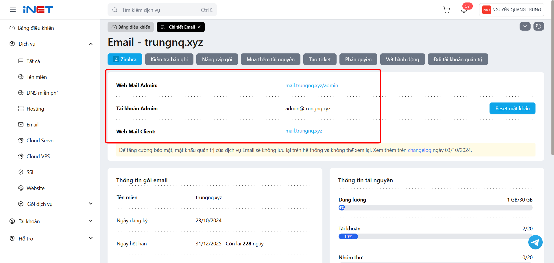 Hướng dẫn quản lý tài khoản trên trang quản trị OneMail